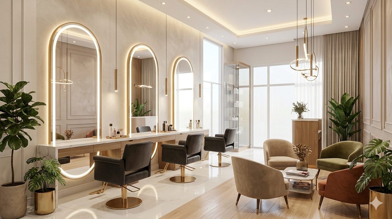 Interior de salão de beleza com espelhos arqueados iluminados (foto ilustrativa)